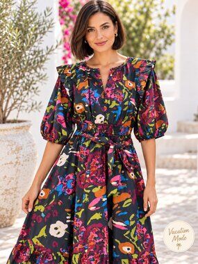 Cleobella M Floral Maxi Dress Ruffle Puff Sleeve Belted Smocked Waist NWT